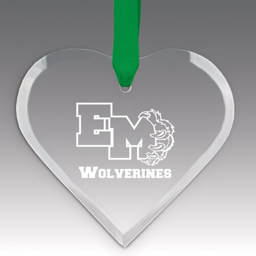 heart shaped crystal ornament with custom logo and green ribbon