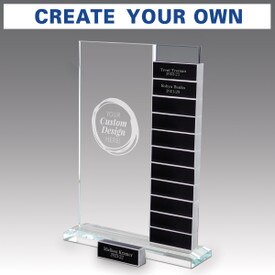 Premium Jade Glass Perpetual Plaque with your school logo/custom design. Includes 12 aluminum blocks for monthly recognition.