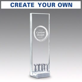 Crystal tower award with metal accent and brushed aluminum base featuring your custom logo