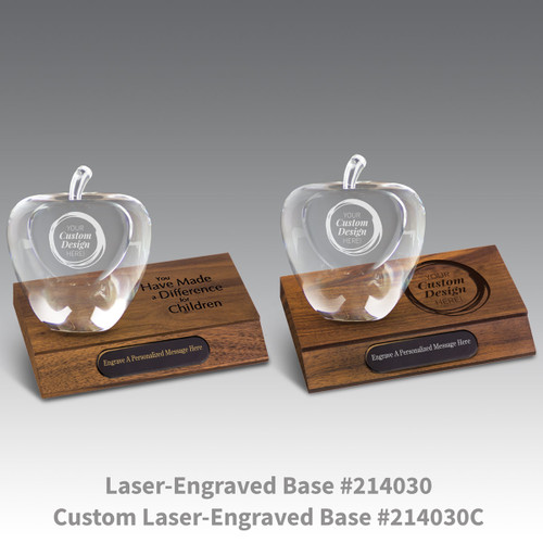 laser engraved walnut bases with black brass plates and create your own optic crystal apples