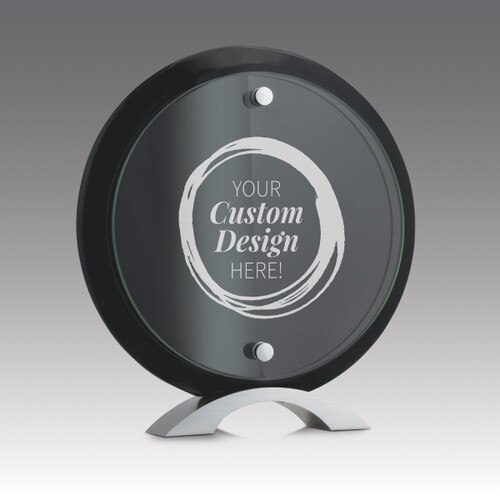 circle jade glass suspended on a black piano finish base award with create your own option