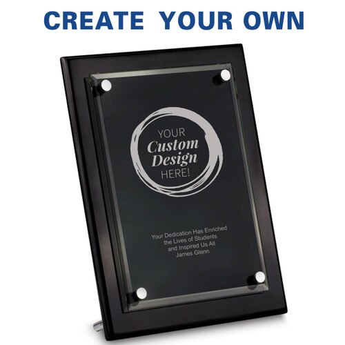 beveled glass suspended on a black piano finish plaque with create your own option