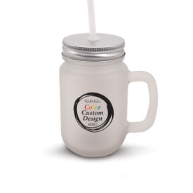 12 oz. Frosted Mason Jar featuring your full color custom design. Includes metal lid and straw.