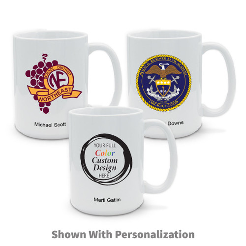 three white 15 oz. ceramic mug with custom logos