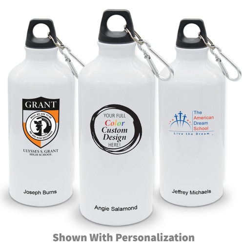 three white 20 oz aluminum carabiner canteens with custom logos