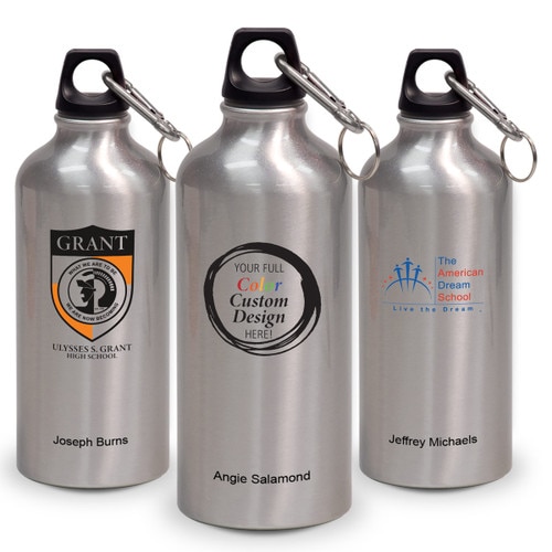 three gray 20 oz aluminum carabiner canteens with custom logos