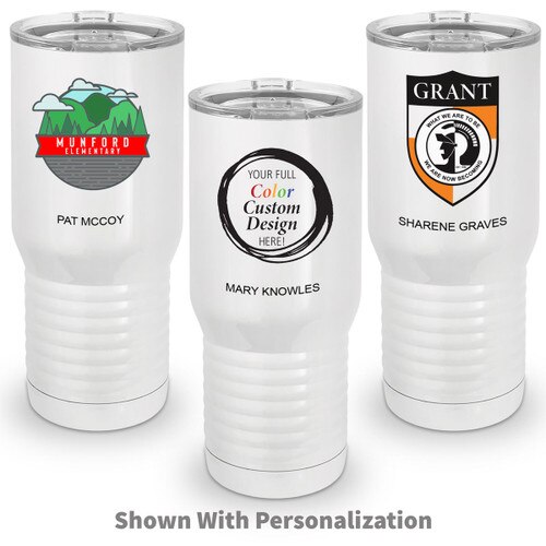 three white 20 oz. stainless steel tall tumbler with custom logos