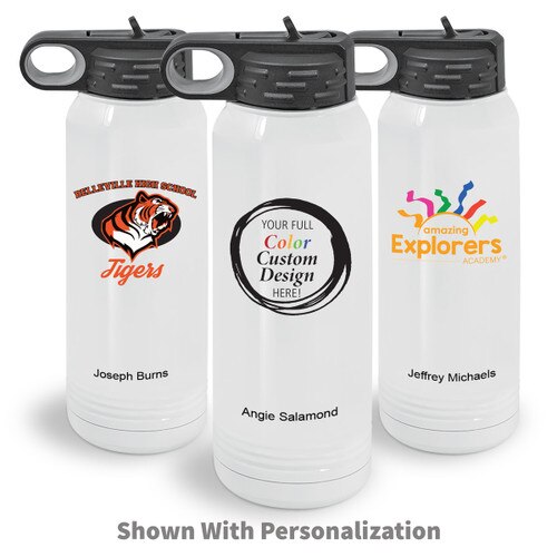 three white 30 oz. stainless steel water bottle with your full color custom logo