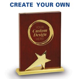 Rosewood piano finish plaque base award featuring a gold star with your custom logo laser engraved into the front with gold color fill.