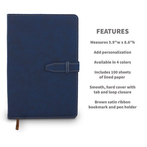 product detail features for the hardbound journal with tab and loop closure