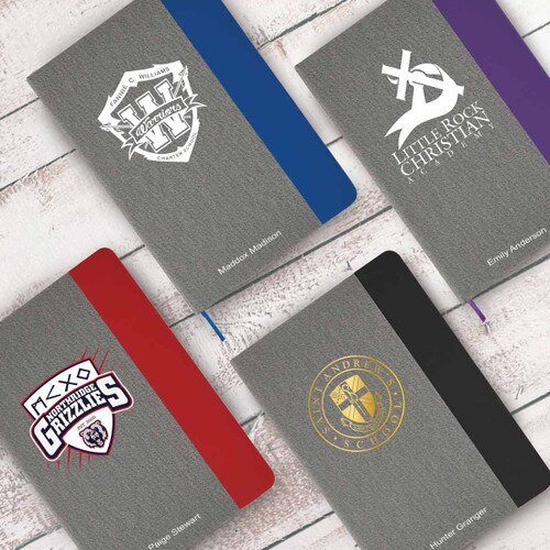 heather gray journals with red, blue, black and purple accents with custom logo and personalization