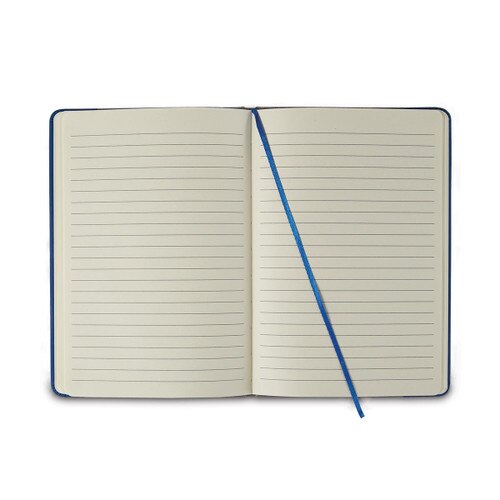 open journal with blue satin ribbon bookmark