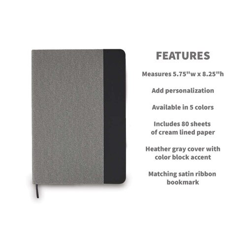 heather gray hardbound journals with black accent and product detail features