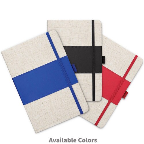 heather fabric journals with blue, red, and black accent