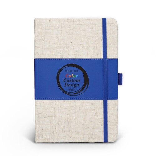 Heathered fabric journal with color accent, pen loop, and elastic privacy closure. Featuring your full color custom logo or design. 3 colors to choose from.