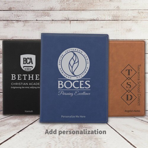 black, blue, and rawhide leather padfolios featuring custom logos