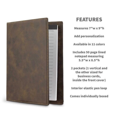 rustic leather padfolios with product detail features