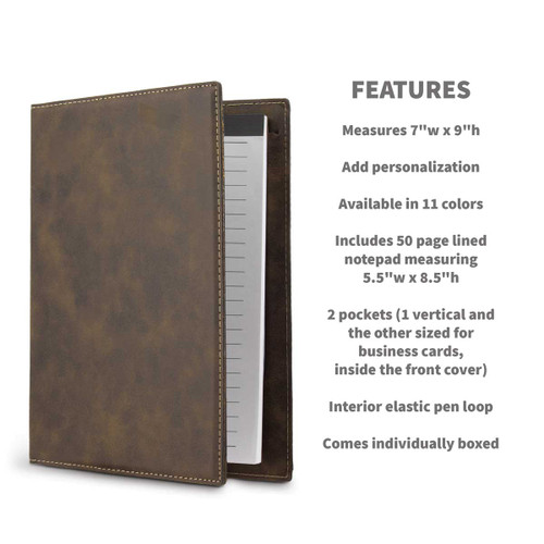 rustic leather padfolios with product detail features