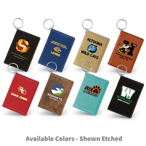 multiple colors of leather id card holders with colorful logos