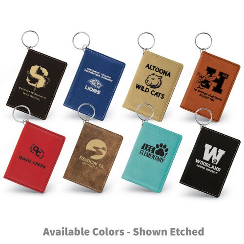 multiple colors of leather id card holders with etched logos