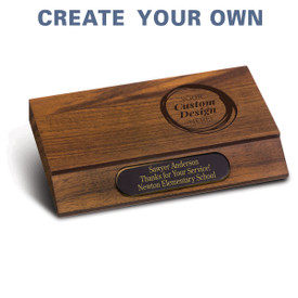 Solid walnut rectangle base featuring your custom logo