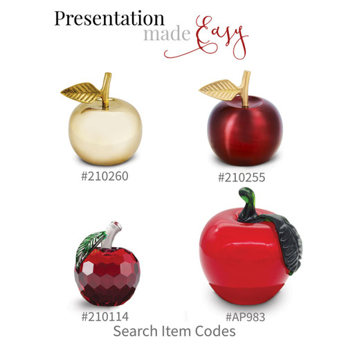 golden apple bell, crimson apple bell, red faceted apple, and red glass apple