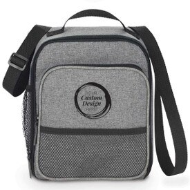 Gray colored lunch bag with two zippered compartments and adjustable strap. Featuring your custom logo.