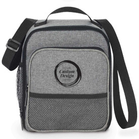 Gray colored lunch bag with two zippered compartments and adjustable strap. Featuring your custom logo.