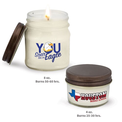 4 oz and 8 oz white candles in glass jars with custom logos