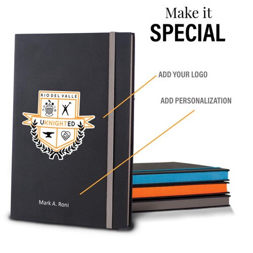 black matte journals in multiple accent colors with custom logo and personalization