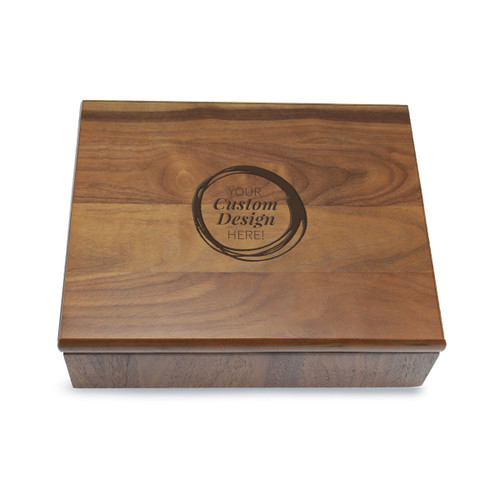 large walnut memory box with laser-engraved custom logo