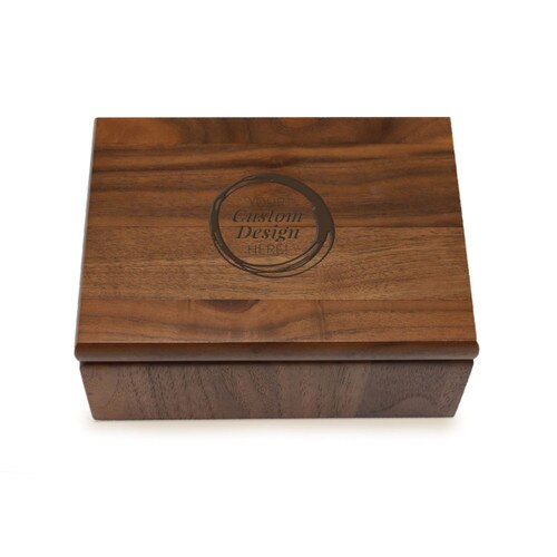 Small walnut memory box with laser-engraved custom logo.