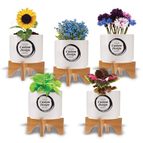 Modern white ceramic planter with bamboo stand featuring your full color logo or design. 5 seed packets to choose from.