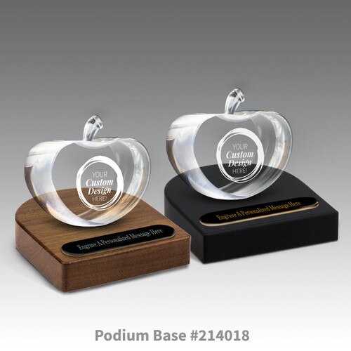 black and brown walnut podium bases with black brass plates and create your own center cut optic crystal apples