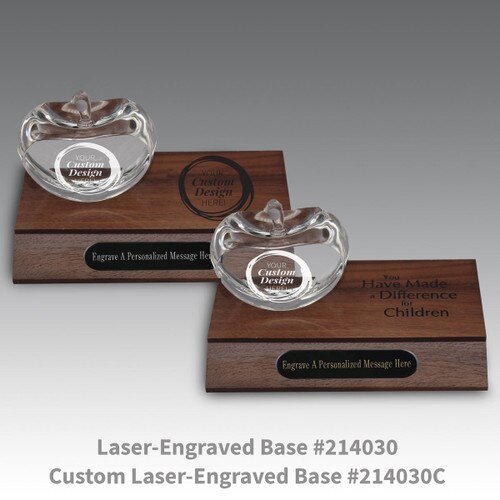 laser engraved walnut bases with black brass plates and create your own center cut optic crystal apples