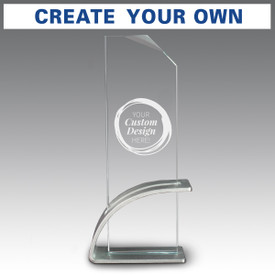 Optimist crystal award with brushed aluminum arc base featuring your custom logo