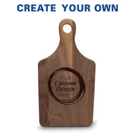 Walnut paddle cutting board with handle featuring your custom logo
