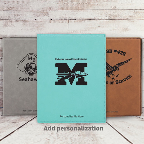 gray, teal, and rawhide leather padfolios featuring custom logos