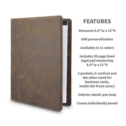 rustic leather padfolios with product detail features