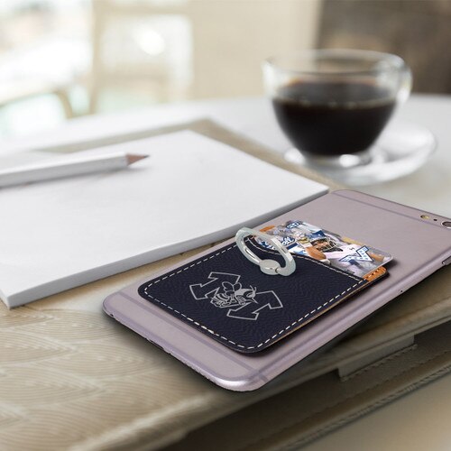 a cell phone sitting on a desk with a black phone wallet and custom sliver logo