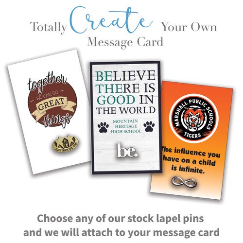 message cards with custom designs and lapel pins