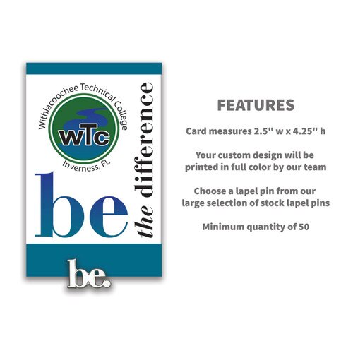 message lapel pin card with product detail features