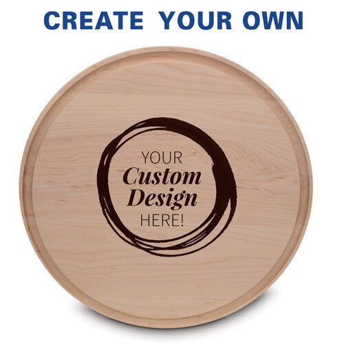 14" round maple cutting board with juice well featuring your custom logo