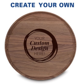 14" round walnut cutting board with juice well featuring your custom logo