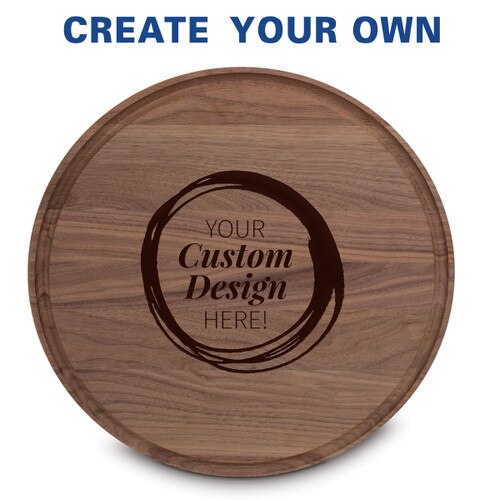 14" round walnut cutting board with juice well featuring your custom logo