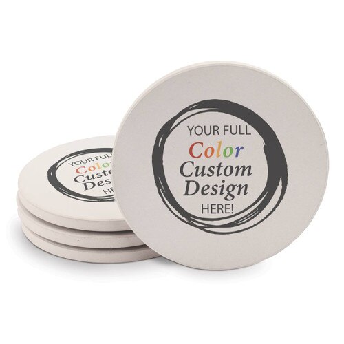 Sandstone coaster set featuring your full color custom logo or design.