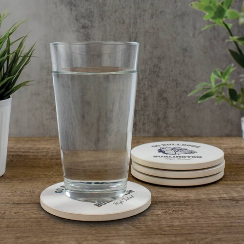 sandstone coasters with full color logo and glass of water