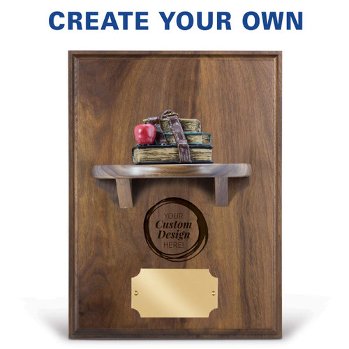 create your own option on a walnut plaque with a shelf, resin stack of books and brass plate