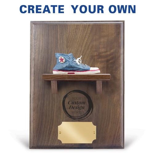 create your own option on a walnut plaque with a shelf, resin blue shoe and brass plate