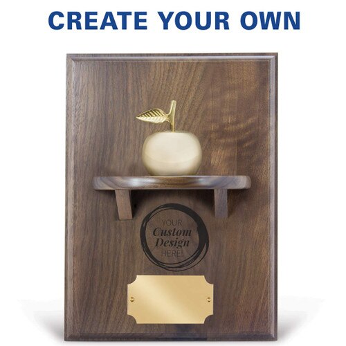 create your own option on a walnut plaque with a shelf, brass apple bell and plate